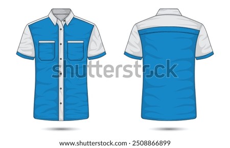 Blue and white formal work shirt mockup front and back view. Vector illustration