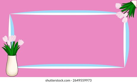 Blue and white frame and tulips in vase on bottom left corner and top right corner on pink background. Design for greeting card, invitation, textbook label sticker or presentation