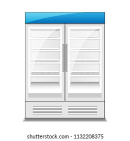 Blue and white fridge refrigerator freezer with transparent glass isolated on white background.Home appliances electricity.