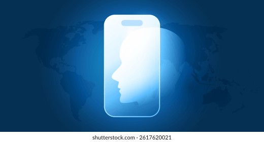 Blue and white futuristic concept of use AI on mobile devices. A human face silhouette emerges from a smartphone, symbolizing facial recognition techniques and artificial intelligence appliances.