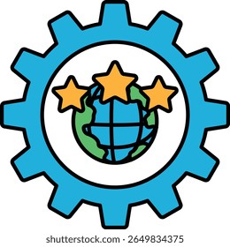 A blue and white gear with three stars and a globe. The globe is surrounded by the stars, and the gear is the central focus of the design. The blue and white color scheme gives the image a clean