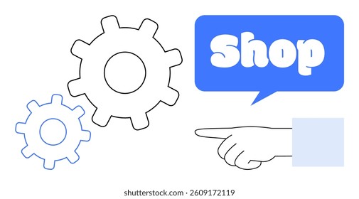 Blue and white gears and a pointing hand with a blue speech bubble featuring the word Shop. Ideal for online shopping, e-commerce platforms, mechanical industries, engineering, business. Minimalist