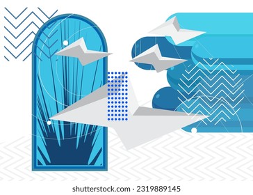 Banner de afiche con temas luminosos geométricos azul y blanco. Fondo mínimo retro geométrico. Plantilla de formas aleatorias de vintage para el diseño de portada