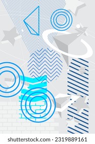 Blue and white geometric bright theme poster banner. Geometrical retro graphic minimal background. Vintage random shapes template for cover design