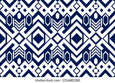 Blue and white geometric ethnic seamless pattern design for wallpaper, background, fabric, curtain, carpet, clothing, and wrapping.