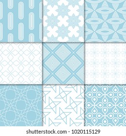 Blue and white geometric ornaments. Collection of seamless patterns for web, textile and wallpapers