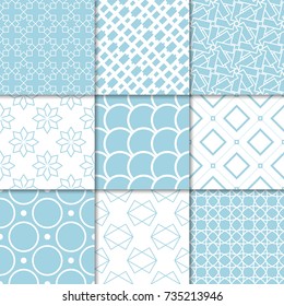 Blue and white geometric ornaments. Collection of seamless patterns for web, textile and wallpapers
