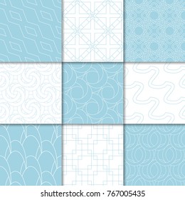 Blue and white geometric ornaments. Collection of seamless patterns for web, textile and wallpapers