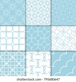 Blue and white geometric ornaments. Collection of seamless patterns for web, textile and wallpapers
