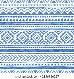 Blue and white geometric pattern. Ethnic and tribal motifs. Striped background drawn with markers. Vector illustration.