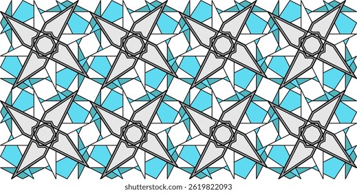 Blue white geometric polygonal seamless pattern. Complicated texture background. Interlaced illusion stars ornament. Stained glass square blocks. Monochrome design for web, textile, wallpaper, etc.