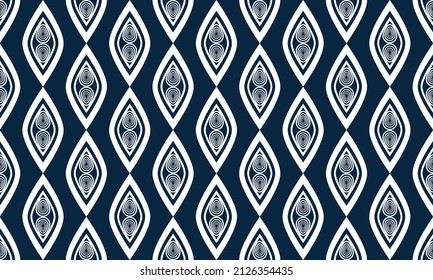 Blauweißes geometrisches, nahtloses Retro-Muster. Traditionelles Design für Hintergrund, Tapete, Papier, Verpackung, Stoff, Kleidung, Umhüllung, Teppich, Fliesen, Dekoration, Vektorgrafik, Stickereistil