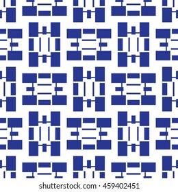 Blue white geometric seamless pattern for fashion design or paper Wallpaper, textiles, ceramic coating. Cubes and squares on a white background.