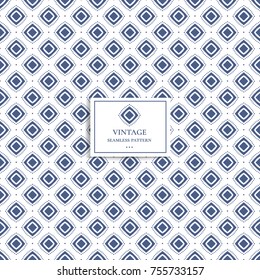 Blue and white geometric seamless pattern. Rhombus. Minimal pattern. Vintage. Great for fabric and textile, wallpaper, packaging or any desired idea. 