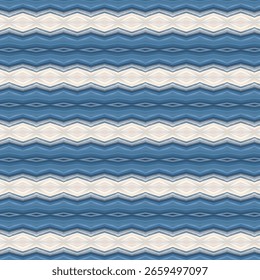 Listras de ondas geométricas azuis e brancas com padrões de ziguezague simétricos, design têxtil moderno, textura de tecido abstrato para fundos elegantes.