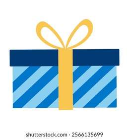 A blue and white gift box with a yellow bow on top. The box is decorated with stripes and has a happy, celebratory mood