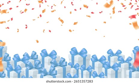  Blue and White Gifts Cute Gift Boxes with Blue Bows Lined Up, with Orange Gold Confetti Falling from Above  Creating a Fresh Feeling of Gifting, Bonuses, Promotions, Special Prizes, 