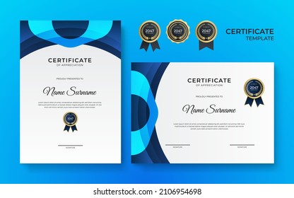 Blue and white gold certificate of achievement border template with luxury badge and modern line pattern. For award, business, design, appreciation, corporate, and education needs