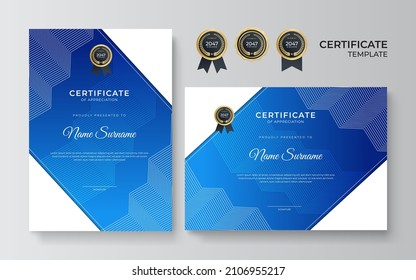 Blue and white gold certificate of achievement border template with luxury badge and modern line pattern. For award, business, and education needs