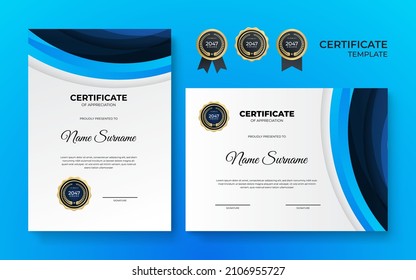 Blue and white gold certificate of achievement border template with luxury badge and modern line pattern. For award, business, design, appreciation, corporate, and education needs