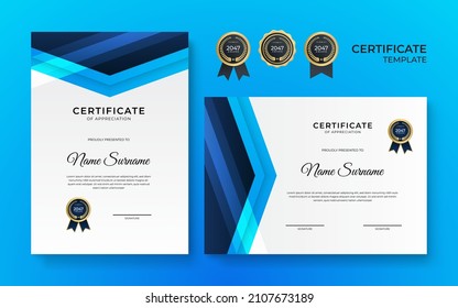 Blue and white gold certificate of achievement border template with luxury badge and modern line pattern. For award, business, design, appreciation, corporate, and education needs