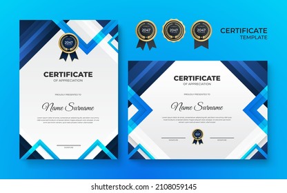 Blue and white gold certificate of achievement border template with luxury badge and modern line pattern. For award, business, design, appreciation, corporate, and education needs