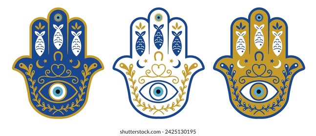 Blau, Weiß und Gold Hamsa Set. Schutz und Glück Amulett. Hand von Fátima, mediterrane Kultur. Vektorgrafik