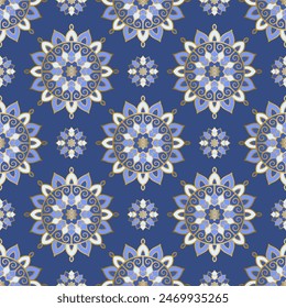Patrón sin costuras azul, blanco y dorado con adorno de mandala. Motivos tradicionales árabes e indios. Ideal para tela y textil, Fondo de pantalla, embalaje o cualquier idea deseada.
