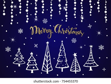 blue white gold xmas cartoon pine trees and hanging on string stars garland greeting card background