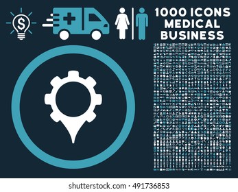 Blue And White GPS Settings vector bicolor rounded icon. Image style is a flat icon symbol inside a circle, dark blue background. Bonus clipart contains 1000 healthcare business design elements.
