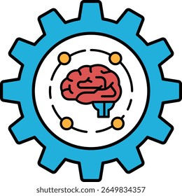 A blue and white graphic of a brain with a gear in the middle. The brain is surrounded by a circle of gears, and the gears are connected to the brain. Concept of the brain being a complex
