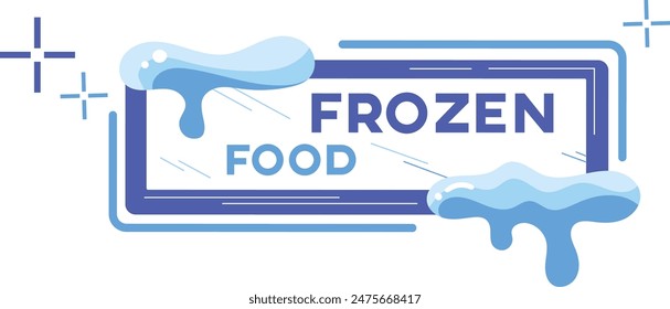 Blue white graphic frozen food text ice symbolizing cold. Frozen food sign illustration shades blue suggesting chill. Graphic representing category, cool temperature indication