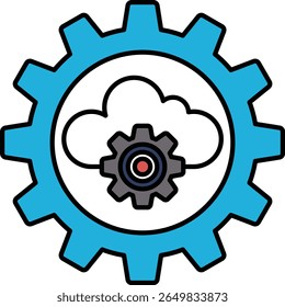 A blue and white graphic of a gear with a cloud in the middle. The cloud is surrounded by a circle of gears