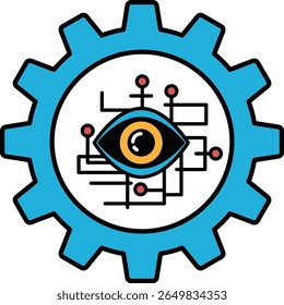 A blue and white graphic of a gear with an eye in the middle. The eye is surrounded by a red and black pattern. The eye is looking outwards, and the gear is turning. The design is modern
