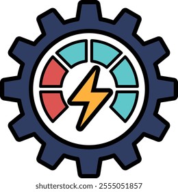 A blue and white graphic of a gear with a lightning bolt in the middle. The gear is surrounded by a circle with a red, yellow and blue stripe. The graphic is meant to represent the concept of energy