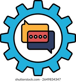 A blue and white graphic of a gear with two speech bubbles on it. The speech bubbles are blue and red and are positioned on the top and bottom of the gear