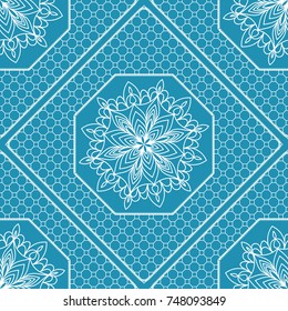 Blue, White Graphic Pattern. Seamless Geometric ornament with frame. Line art, floral lace, embroidery background.