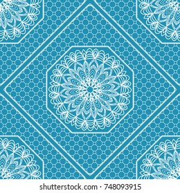 Blue, White Graphic Pattern. Seamless Geometric ornament with frame. Line art, floral lace, embroidery background.