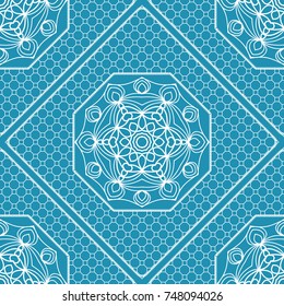 Blue, White Graphic Pattern. Seamless Geometric ornament with frame. Line art, floral lace, embroidery background.