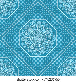 Blue, White Graphic Pattern. Seamless Geometric ornament with frame. Line art, floral lace, embroidery background.