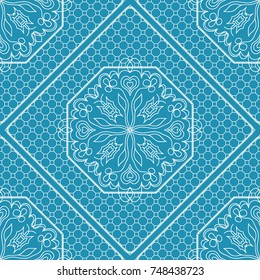 Blue, White Graphic Pattern. Seamless Geometric ornament with frame. Line art, floral lace, embroidery background.