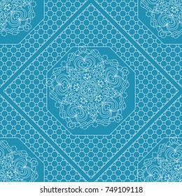 Blue, White Graphic Pattern. Seamless Geometric ornament with frame. Line art, floral lace, embroidery background.