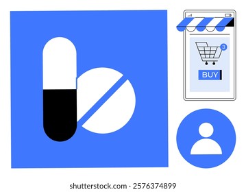 A blue and white graphic showing a capsule and a pill, an online shopping interface with a cart and buy button, and a user profile icon. Ideal for online pharmacy, medicine purchase, e-commerce