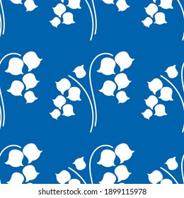 Blue and white graphic vector seamless pattern with lily of the valley flower shape. Floral background.