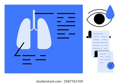 Blue and white graphical representation of lungs with black lines and text. Black outlined eye with a blue tear. Receipt paper with text and checkmark. Ideal for medical, diagnostics, healthcare