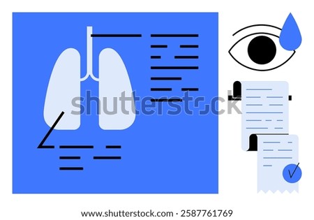 Blue and white graphical representation of lungs with black lines and text. Black outlined eye with a blue tear. Receipt paper with text and checkmark. Ideal for medical, diagnostics, healthcare