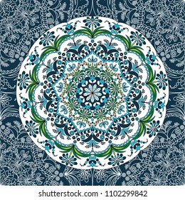 Blue, white and green mandala background. Vector illustration. Tibetan, indian and asian ornament. 