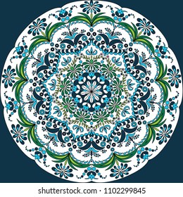 Blue, white and green mandala background. Vector illustration. Tibetan, indian and asian ornament. 