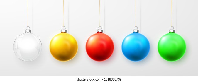 Blue, white, green, yellow and red Christmas ball. Xmas glass ball on white background. Holiday decoration template. Vector illustration.