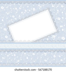 blue and white greeting card with  bows, lace, place for your text on vintage  background, vector illustration